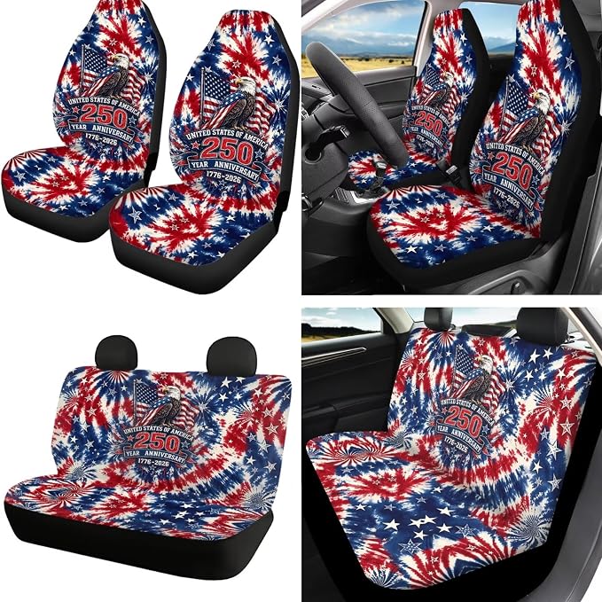 Eagle American Flag Print Car Front Rear Seat Covers Tie Dye Print Car Interior Covers Set Includes Steering Wheel Cover Safety Belt Pads Center Console Pad 250 Year Auto Decor