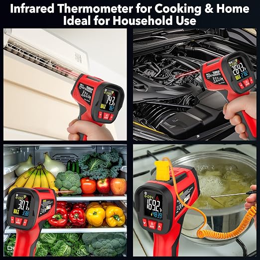 Infrared Thermometer Gun, Digital Laser Temperature Gun with Probe, -40°F~1472°F Non-Contact IR Thermometer with Adjustable Emissivity for Cooking, Pizza Oven, Griddle, Grill & Meat