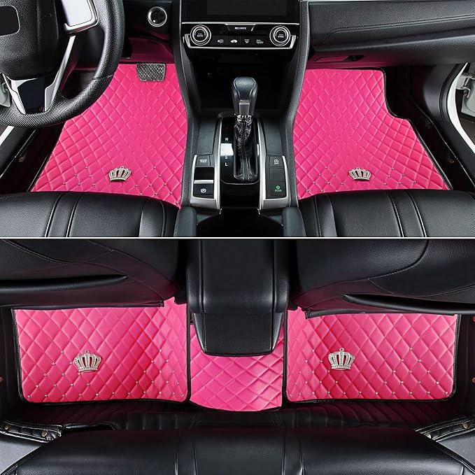 eing Car Trash Can with Lid, Mini Vehicle Trash Bin Purple & Pu Leather Floor Mats for Car Pink