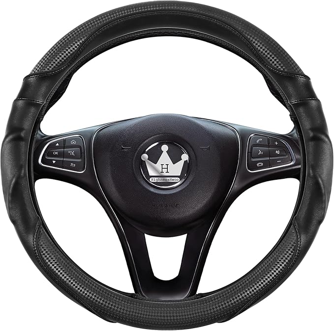 HighnessHwoo 3D Car Steering Wheel Cover Comfort Grip Massage Sporty Anti-Slip Carbon Fiber Faux Leather for Sedan SUV, Universal Fit, Car Handle Covers for All Seasons, 14.75-15.15in, Black