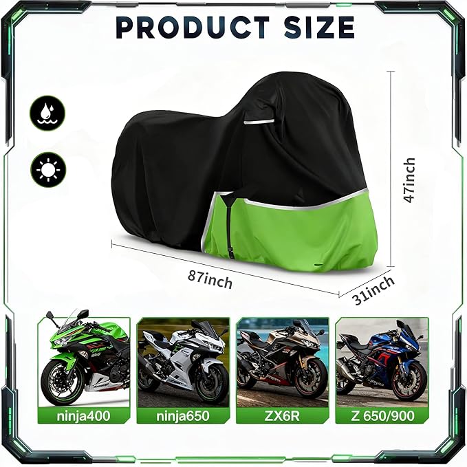 Waterproof Motorcycle Cover Replace for Kawasaki Ninja 400 500 650 Z900 Zx6r Street Without Trunk Models, 420D Oxford Cloth Motorcycle Cover for Snow Rain Dust Protection (Ninja)