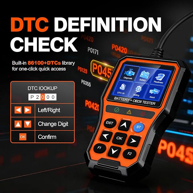 2-in-1 PRO OBD2 Scanner Diagnostic Tool, Car Code Reader with Battery Tester, Check Engine Code Reader with Reset OBDII, Real-Time Date, DTC Lookup, Scan Tool for All OBDII Protocol Cars Since 1996