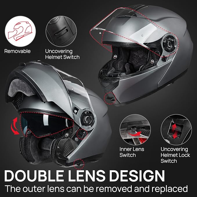ILM Adult Motorcycle Modular Full Face Helmet Flip up Dual Visor DOT Approved Model 159(Gray,Small)