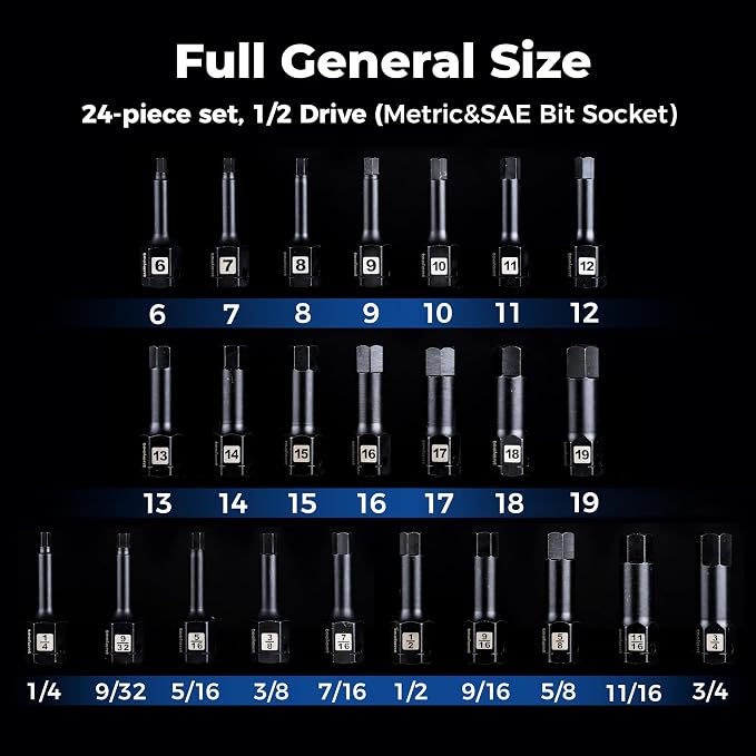 toolant 1/2" drive impact hex bit socket set 24PCS,Hex Drive, SAE/Metric, 1/4"-3/4",6mm-19mm, S2 Steel Air Drive Allen Socket set,Impact Grade，Anti-Roll Design