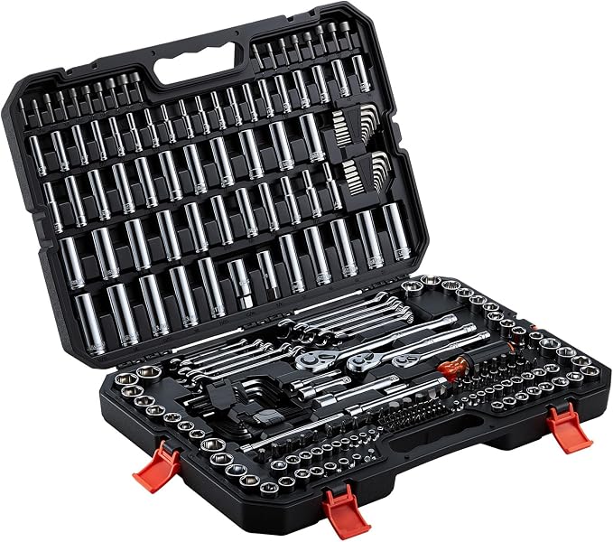 VEVOR Mechanics Tool Set, 253-Piece Mechanic Tool Kit, 1/4 in, 3/8 in, and 1/2 in Drive, SAE and Metric Socket Set, Wrenches, Screwdriver Bits, Accessories, and Storage Case, for Automotive Repair