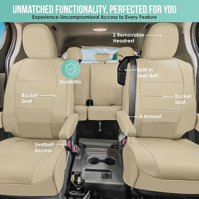 FH Group Custom Fit Car Seat Covers Specifically Made for 2021-2024 Toyota Sienna 7 Seater, Faux Leather Automotive Seat Covers - 2nd Row Solid Beige
