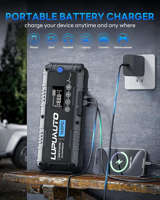 4000A Jump Starter with 160PSI Air Compressor 12V Battery Booster LED Pack | 10L Gas/8.5L Diesel, Low Voltage Forced Start, Automatic Inflation Presets, Heavy-Duty Safety Clamps