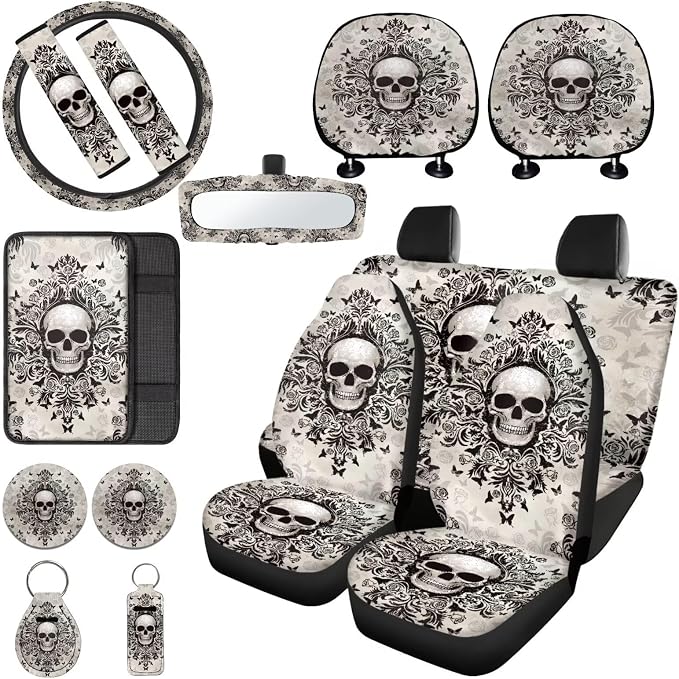 Gothic Skull Print Car Interior Cover Set Includes High Back Seat Covers Steering Wheel Cover Safety Belt Pads Headrest Covers Center Console Pad Cup Cushions Key Chain for Men Women