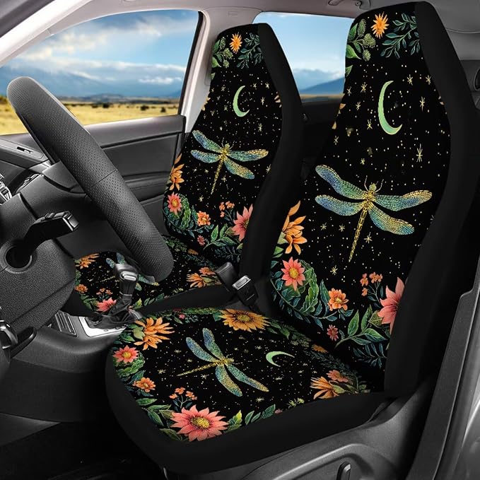 Dragonfly Car Accessories Set 17 Pack Starry Sky Dragonfly Car Seat Covers Full Set with Car Floor Mats All Weather,Cup Coaster,Seat Belt Shoulder Pad,Lip Stick Holder Keychain,Universal Fit