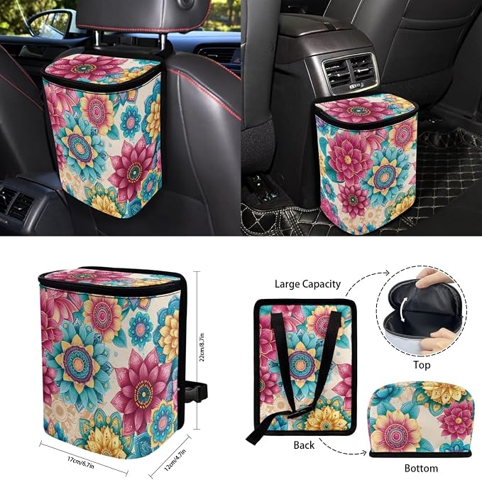Boho Blossoms 15 PCS Car Seat Cover Set with Auto Steering Wheel Cover Seat Belt Strap Protector Cup Holder Trash Bag Rear View Mirror Protector Keychain