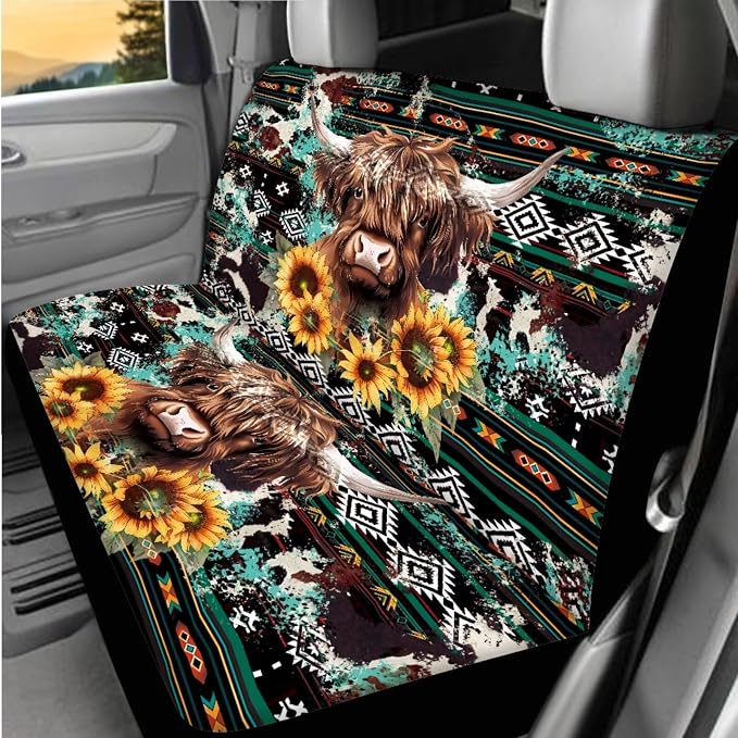 BIGCARJOB Highland Cow Print Car Seat Covers Set Navajo Tribal Car Interior Accessories Full Set 15 Pcs Auto Seat Headrest Cover Steering Wheel Cover Car Trash Can Hanging