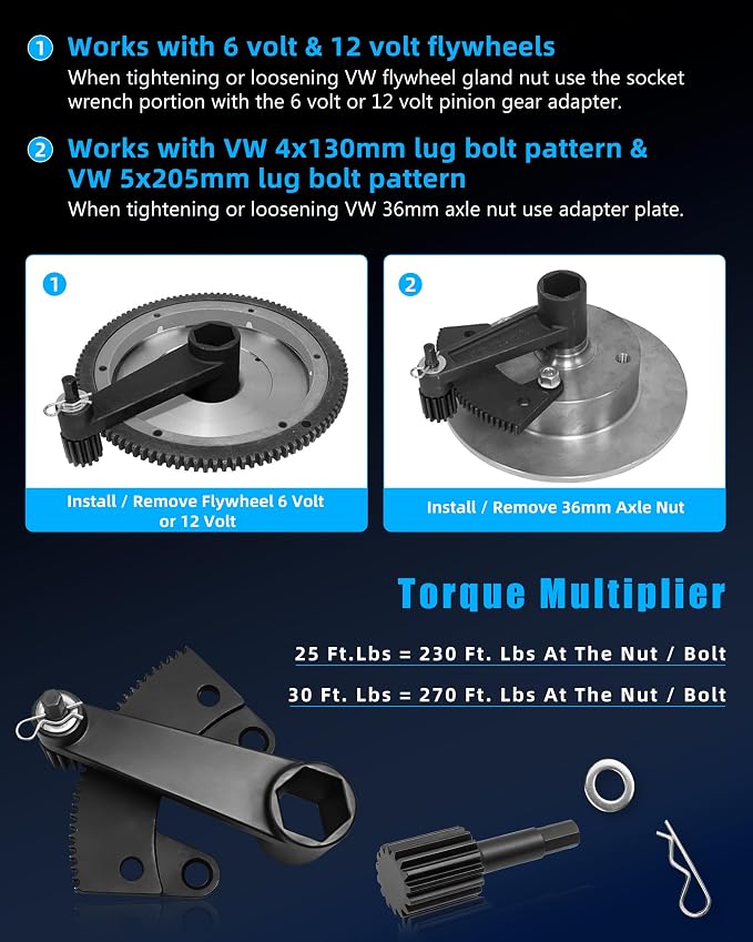 000133 Torque Multiplier Leverage Tool for VW Bug/Vo-lkswagen Beetle 1950-1979, 36mm Axle Nut & Flywheel Gland Nut Removal/Installation Tool