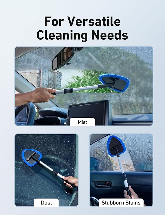 AstroAI Windshield Cleaner Tool, Car Interior Detailing Cleaning Kit with Extendable Handle and 4 Upgraded High-Density Reusable Microfiber Pads, Auto Glass Wiper Brush Kit for Cars, Blue, 15.9in-21in
