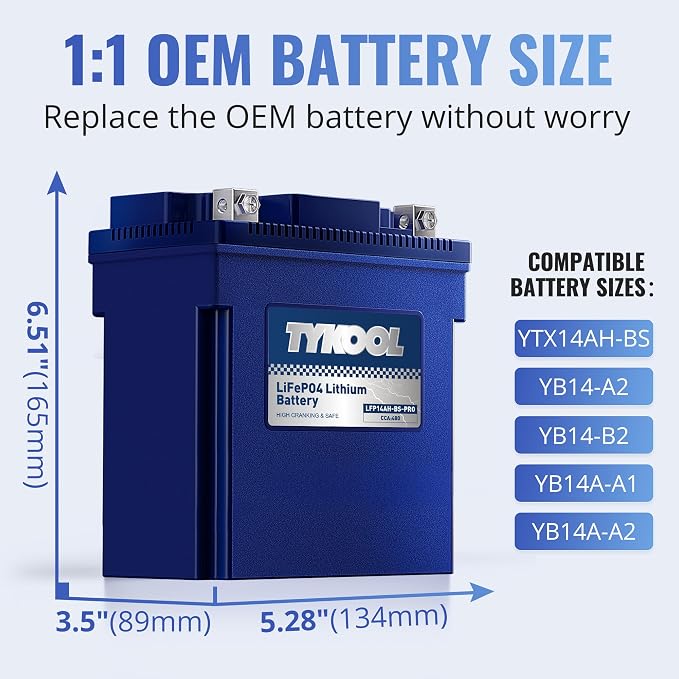 TYKOOL LFP14AH-BS-PRO Lithium Battery, Replaces YTX14AH YTX14AH-BS, 480CCA 8Ah Fits for ATV UTV Motorcycle, Compatible with Polaris Sportsman 570 Ranger 500 Kawasaki Mule SX, Digital Readout [+ -]