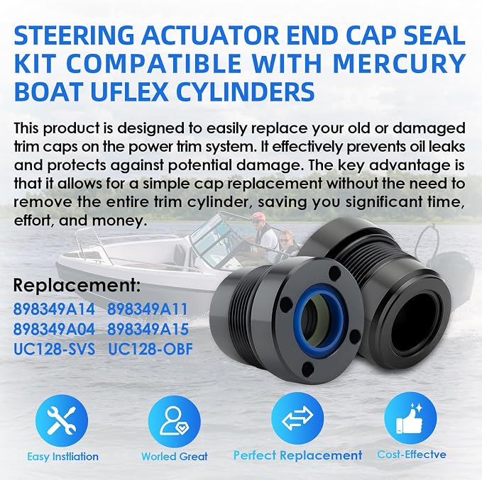 1 pcs Steering Actuator End Cap Seal Kit for Mercury Outboard for Uflex UC128 UC128-OBF SVS Cylinders - Replaces 898349A15 898349A14 898349A11 FSM120
