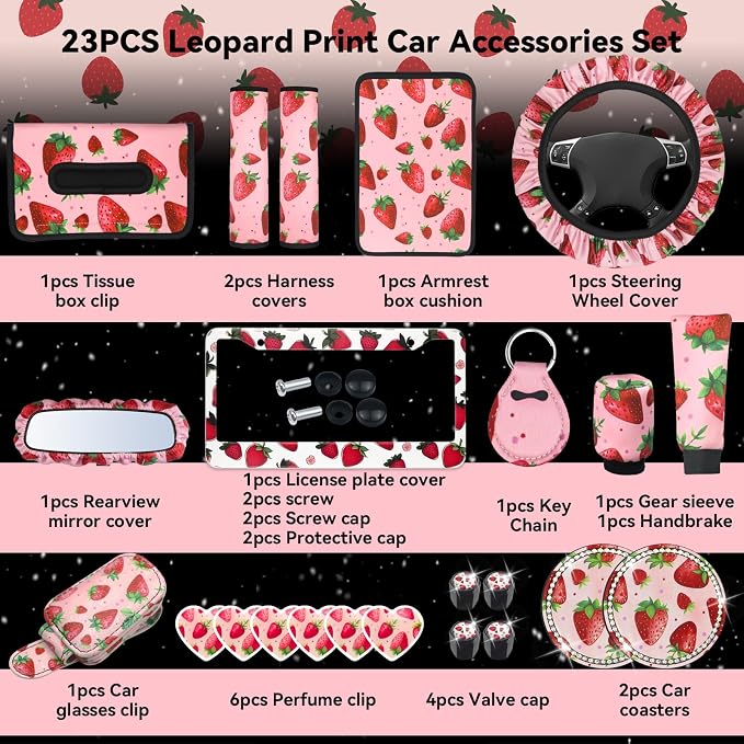 23 Pcs Leopard Print Car Accessories,Including License Plate Frame,Rearview Mirror Decoration,Etc,Suitable for Sedan,SUV and Other,Cute Car Interior Set for Women (Pink Strawberry)