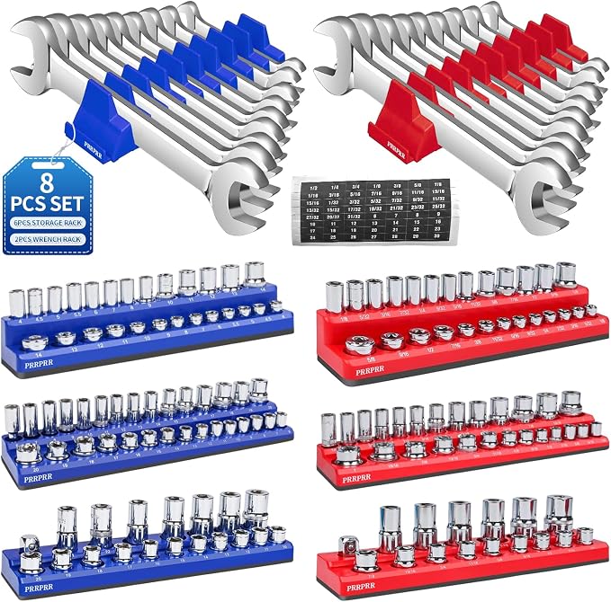 Magnetic Socket Organizer Set, 8PCS Socket Holder with 6 Socket Trays & 2 Wrench Racks, Metric & SAE Tool Box Organizer 1/4", 3/8", 1/2" for Garage, Toolbox, Workbench(Socket, Wrench not Included)