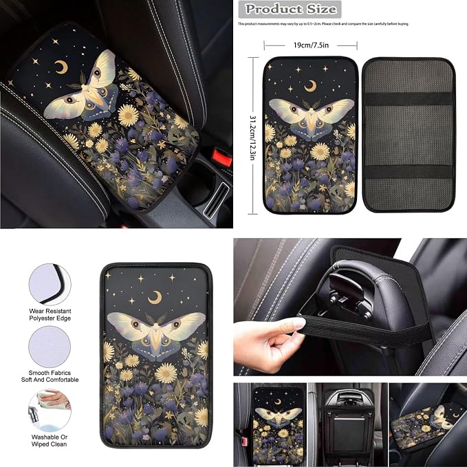 Moon Butterfly Print Car Seat Covers Full Set for Women, Auto Steering Wheel Cover Car Armrest Pad Protectors Auto Seat Belt Pads, Automotive Interior Accessories - 8 Pack