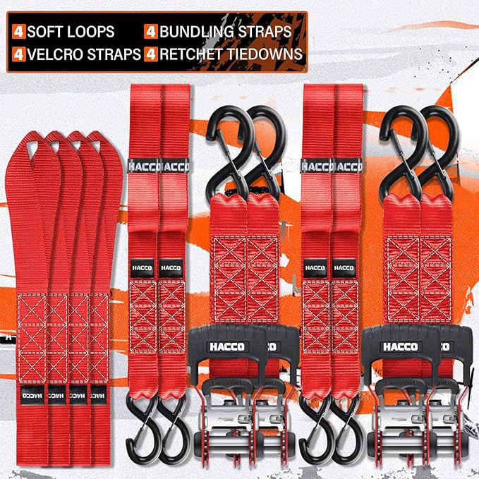 HACCOPLANET Ratchet Straps, 5280lb Break Strengeth, 1.6" Heavy Duty Ratchet Tie Down Strap Set w/Padded Handle, S Hook, Soft Loop for UTV Motorcycle Truck Cargo Straps (Red, 8FT)