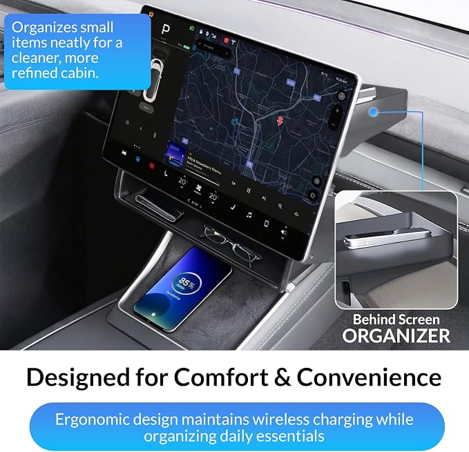 Tesla Model Y Under Screen Organizer (2021-2024) & Model 3 (2017-2023) – Hidden Center Console Storage Tray, Anti-Slip Silicone, ABS Interior Accessory - Black