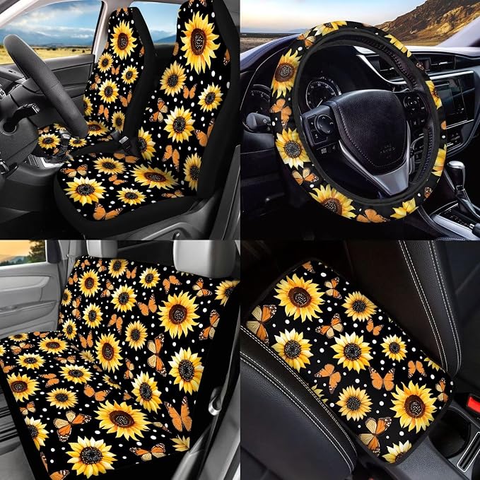 BIGCARJOB Sunflower Car Seat Accessories Full Set 15 Pcs Sunflower Seat Cover for Cars Front and Rear Handbrake Cover,Headrest Pillow Cover,Seat Belt Pads,Universal Fit