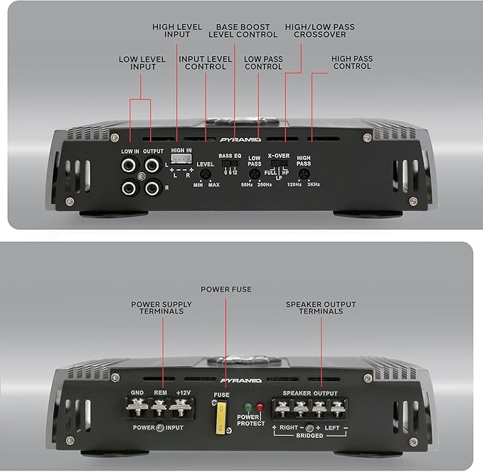 Pyramid PB715X 1000W 2-Channel Bridgeable Car Amplifier – MOSFET Power Supply, Tri-Way Config, 13.8V DC, RCA Input, 90dB SNR, Car Mount, Thermal Protection