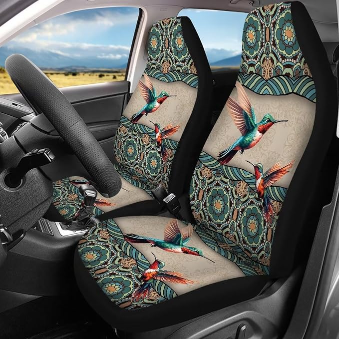 BIGCARJOB Hummingbird Car Seat Cover Full Set of 12 Pieces Boho Lotus Print Auto Interior Seat Accessories Set with Seat Belt Pads Cover,Steering Wheel Cover,Cup Holder for Women Hippie Lotus Gifts