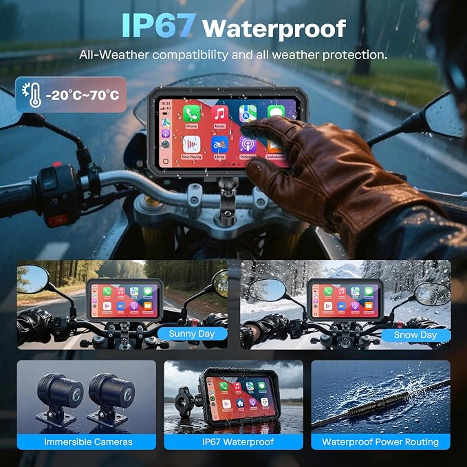 WonVon Motorcycle CarPlay Screen with Android Auto – 6.25” Waterproof GPS Pantalla para Moto Apple CarPlay Navigation System for Motorcycle, Dual 2K Dash Cam Bluetooth Audio & TPMS with Magnetic Mount