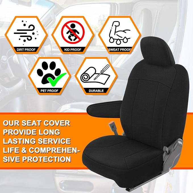 Front Bucket Seat Covers Compatible with 2013-2020 Dodge Ram Promaster Van, Armrest on Drivers Only, Breathable Automotive Cover Cushion Accessories, Black