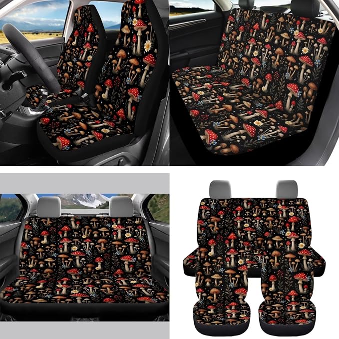 15 Pcs Mushroom Auto Interior Accessories Car Seat Covers with Auto Steering Wheel Cover Seat Belt Covers Car Trash Can View Mirror Cover Coaster Keychains