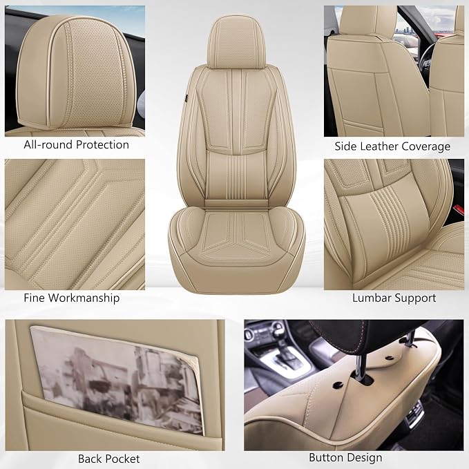 otoez Car Seat Covers Full Set, 5 Seats Nappa Leather Seat Cover for Car, Breatheable and Waterproof Seat Protector Full Coverage, Universal Automotive Seat Cushion for SUV Truck Seden, Beige