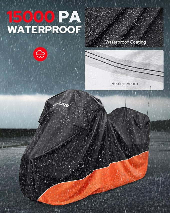 Benlari Waterproof Motorcycle Cover with Side Top Box Compatible with Harley Davidson Touring Ultra Limited Street Glide Road Glide Electra Glide Honda Outdoor All Weather Protection, 116" x 47" x 53"