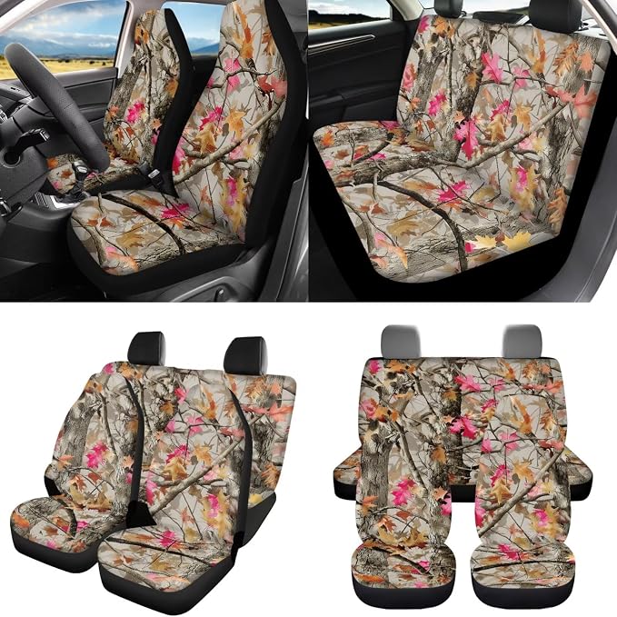 8 Pcs Camo Maple Leaves Car Seat Covers Full Set Car Accessories for Women Front Seat Cover Steering Wheel Armrest Cover Seat Belt Cover for Auto SUV Interior Decoration