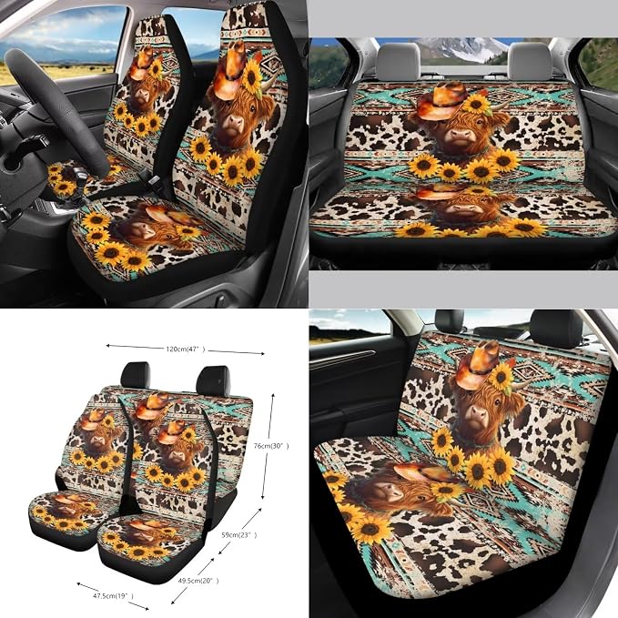 Aztec Tribal Highland Cattle Sunflower Pattern Front Rear Seats Prortector Steering Wheel Cover Seatbelt Pads Cup Coasters Keychain Trash Can 15 PCS Auto Acccessories Decor