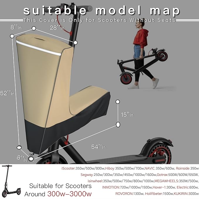 Electric Scooter Cover Waterproof Outdoor - 300W-3000W All Season Universal Fit, Heavy Duty Oxford Fabric, Dustproof Windproof, Better Fit Design (Khaki & Black, 54X28X52)