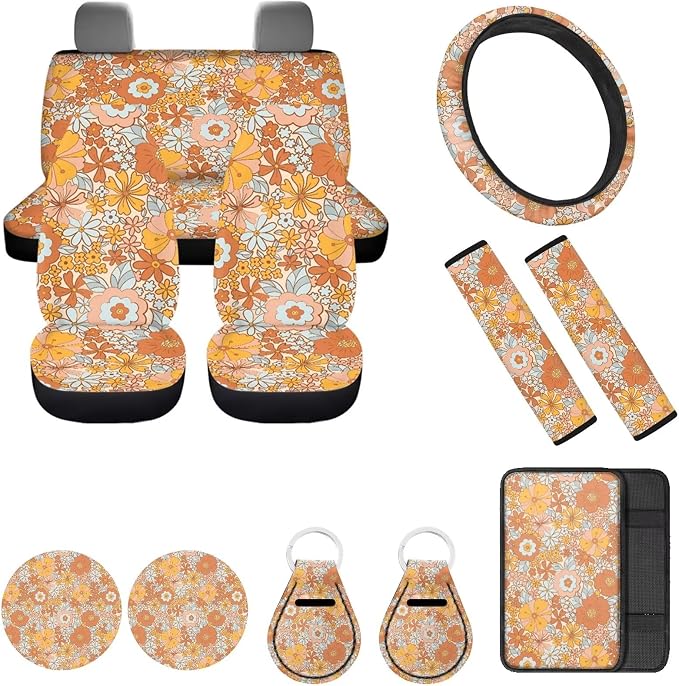 12 Piece Hippie Car Accessories Set Retro 70S Flower Auto Seat Covers Full Set 15Inch Steering Wheel Cover Seat Belt Cover Center Console Armrest Pad Keyring Cup Holder Pad for Vehicels