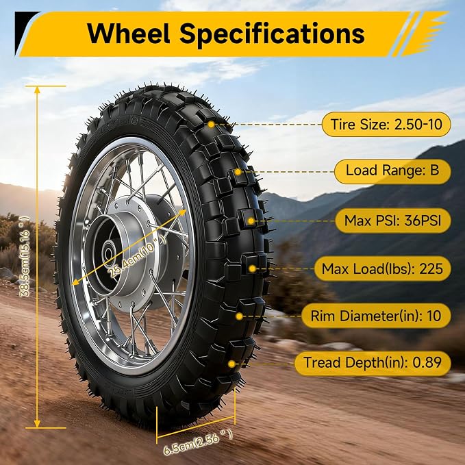 2.5-10 Dirt Bike Rear Wheel Compatible with CRF50 SSR70 TTR50 XR50, 2.5 x 10 Tire & Rim for Apollo Taotao 50cc 70cc 90cc 110cc Pit Bike Motorcycle Parts with Drum Brake Pad Shoe Assembly Silver