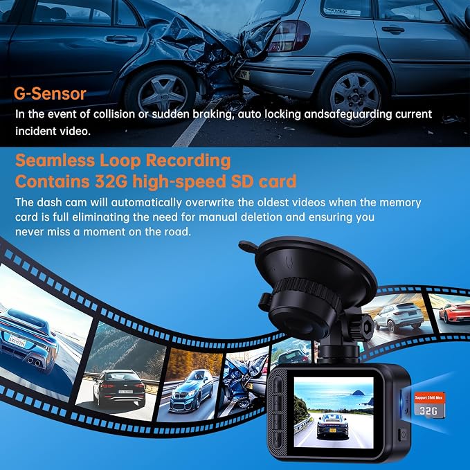 E-YEEGER Dash Cam Front and Rear, 2.5K Dual Dash Camera for Cars, 2560P Mini Car Camera, 2 inch IPS Screen, WDR Night Vision, 24 Hours Parking Monitor, G-Sensor (32G SD Card Included)