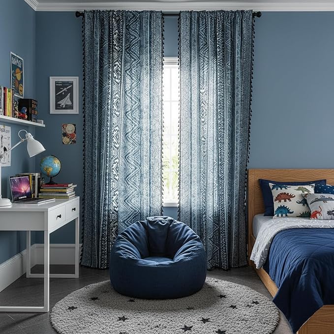 ColorBird Blue Boho Curtains 63 Inch Farmhouse MCM Western Striped Aztec Light Filtering Window Treatment Patterned Drapes for Bedroom Living Dining Room Kitchen Boho Chic Decor