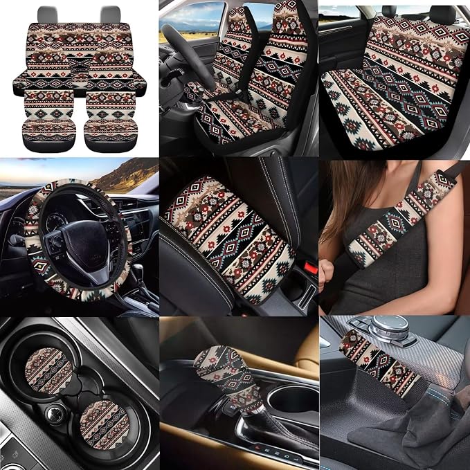 Dreaweet Southwestern Tribal Car Seat Covers Full Set Navajo Geometric Decor Front and Back Seat Covers with Steering Wheel Cover,Armrest Pads,Seat Belt Pads,Coasters,Gear Shift & Handbrake Cover