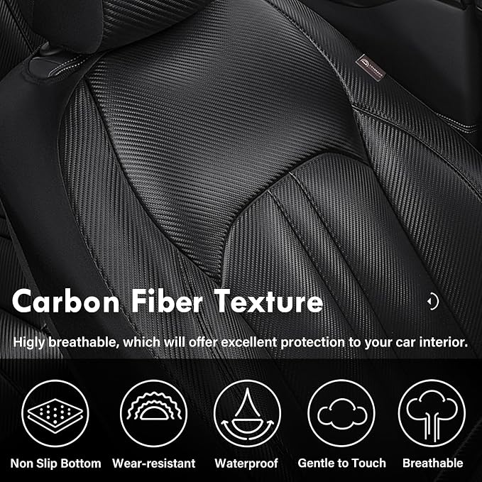 Coverado Leather Car Seat Covers Front Seats & Carbon Fiber, Waterproof and Durable All Weather Protector, Universal Fit for SUV, Pickup Truck, Sedan, Automotive Vehicle Interior, Black