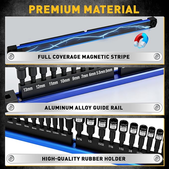 22-Piece Magnetic Nut Driver Set, Metric & SAE (5-13mm & 1/4"-9/16"), 65mm Long, 1/4" Hex Shank Drill Socket Set, Wing Nut-Driver Bit, Quick-change Extension, Magnetic Aluminum Storage Rail