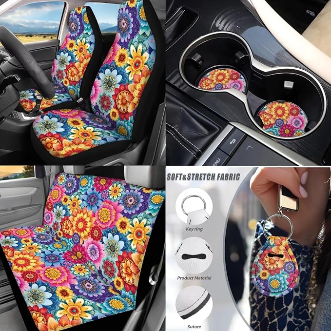 17 Pcs Hippie Lotus Car Cover Seats Full Set Mandala Lotus Car Accessories with Car Front Rear Carpets Mats Steering Wherl Cover Seat Belt Cover Pad Set Car Coasters Armrest Pad,Universal Fit
