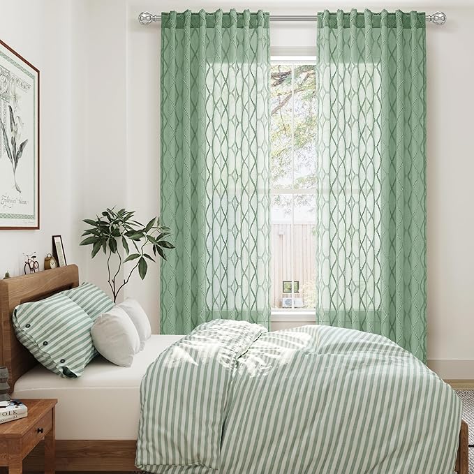 Aqua Green Sheer Curtains 96 Inches Long for Living Room 2 Panels Airy Privacy Soft Textured Diamond Patterned Drapes for Sliding Glass Door Back Tab Modern Vintage Rustic Curtain for Bedroom 52x96