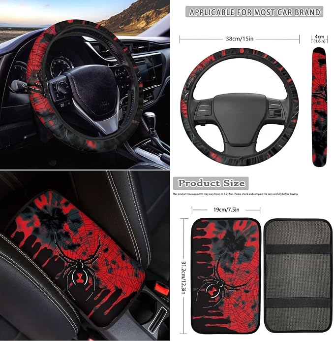 18Pcs Spider Web Car Seat Covers Full Set Universal Headrest Covers with Steering Wheel Cover,Handbrake Protector,Center Console Pad Cover,Seat Belt Pads,Keychain,Cup Holder Mats,Red