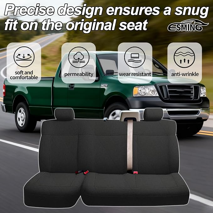 ESMING Heavy-Duty Knitted Fabric Rear Bench Seat Covers for Ford F150 XLT Super Cab 2004 2005 2006 2007 2008, Heavy-Duty Knit Fabric, Easy Install & Cleaning - Black