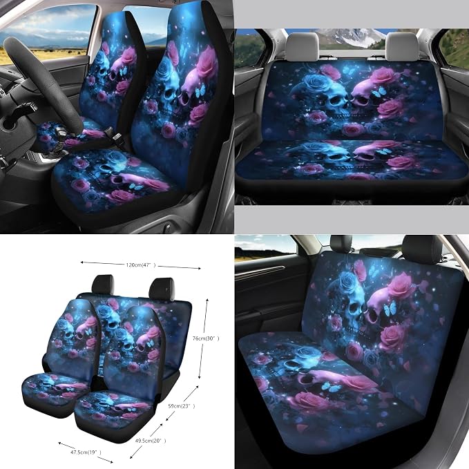 Skull Butterfly Rose Print Car Accessories Set of 15 Car Seat Covers Seatbelt Strap Pad Steering Wheel Cover Air Vent Storage Bag Rear View Mirror Cover Trash Cans Cup Holder Key Chain
