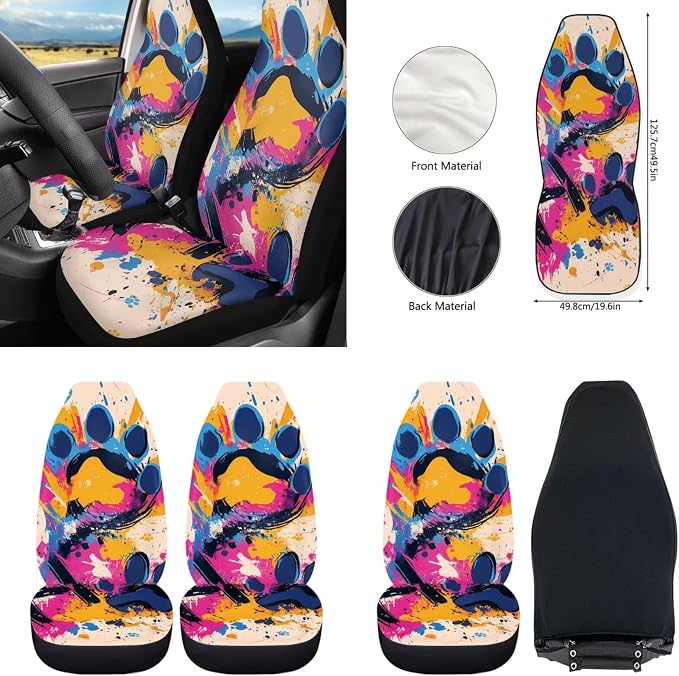 Howilath 10 Piece Universal Fit Dog Paw Graffiti Car Front Seat Covers Set with Steering Wheel Cover/Seatbelt Pads/Armrest Cushion/Keychain/Car Coasters, Easy to Install