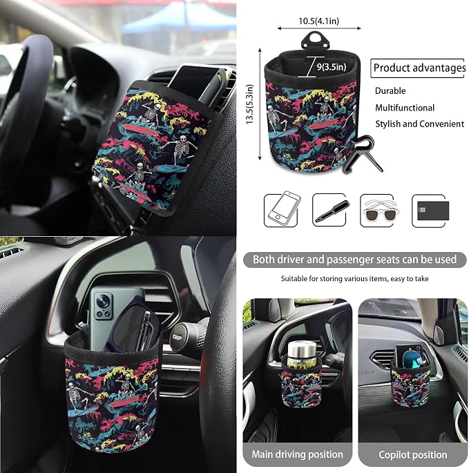Skull Surfing Print Car Accessories Set Car Seat Covers Steering Wheel Covers Seatbelt Strap Cover Garbage Cans Air Vent Storage Bag Rear View Mirror Cover Cup Holder Key Chain, 15 Pcs