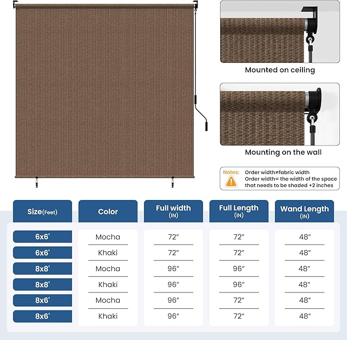 Grandekor Outdoor Roller Shade,8' W x 8' H,Patio Roll Up Shade Cordless,Outdoor Privacy Screen with 220GSM HDPE Aluminum,Wand Operation,Exterior Roller Shade Cloth for Porch Gazebo Backyard,Mocha